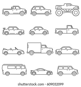 Cars, icons set. Means of transport, thin line design. Different types of car. Lines with editable stroke. isolated vector illustration