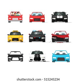 Cars icons set vector illustration isolated on white background, black auto collection front view, flat style vehicles, sport, taxi, police automobile, tuned and broken car