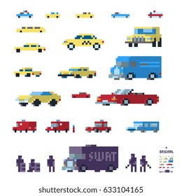 cars icons: taxi, trucks, police, SWAT. pixel art style vector illustration isoladed on white color background