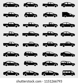 Cars icons vector set. Silhouettes of vehicles collection on the gray background