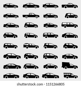 Cars icons vector set. Silhouettes of vehicles collection on the gray background