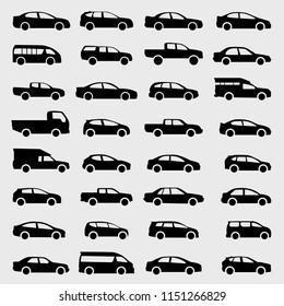 Cars icons vector set. Silhouettes of vehicles collection on the gray background