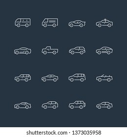 Cars icons. White lines style on dark background.