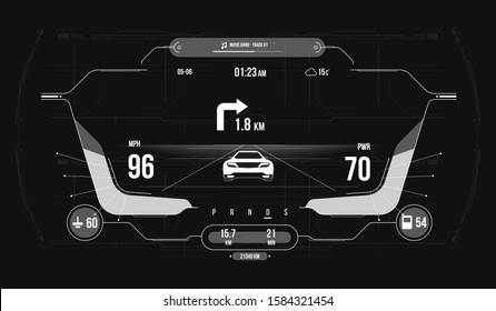 Cars Infographic Ui, Analysis And Diagnostics In The Hud Style. Modern Sports Car Dashboard With Navigation Display. Cockpit Of Futuristic Autonomous Car.