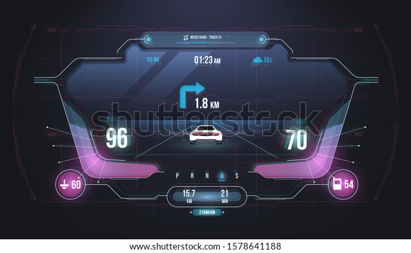 Cars infographic ui, analysis and\
diagnostics in the hud style. Modern sports car dashboard with\
navigation display. Cockpit of futuristic autonomous\
car.