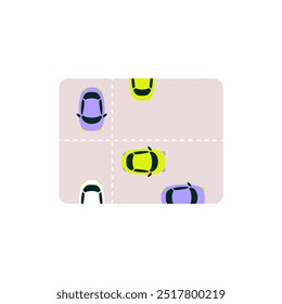 Cars at an intersection, viewed from above, symbolizing urban traffic, road crossing, and vehicle flow. Flat vector illustration, isolated on white background.