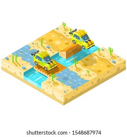Cars Isometric Vehicle Desert Racing 3D Road River Cactus