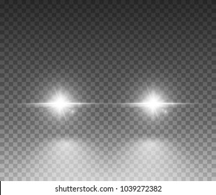 Cars light effect. White glow car headlight bright beams ray isolated on transparent background.