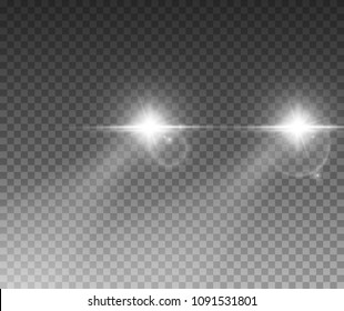 Cars Light Effect. White Glow Car Headlight Bright Beams Ray Isolated On Transparent Background.