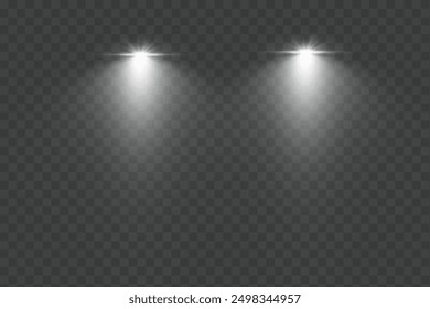 Cars light effect. White glow car headlight bright beams ray isolated on transparent background