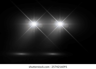 Cars light effect. White glow car headlight bright beams ray isolated on transparent background