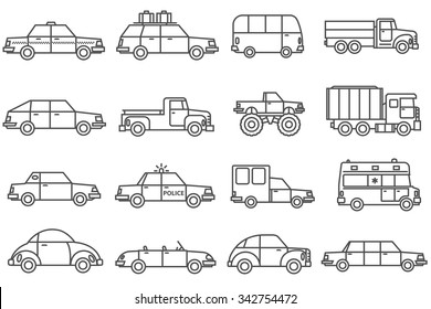 Cars line black white icons set with family and service cars flat isolated vector illustration 