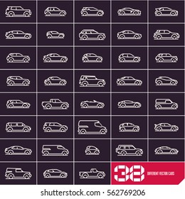 Cars line icons set, different vector car types linear silhouettes isolated on black background