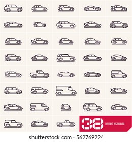 Cars line icons set, different vector car types linear silhouettes, car logo deign templates