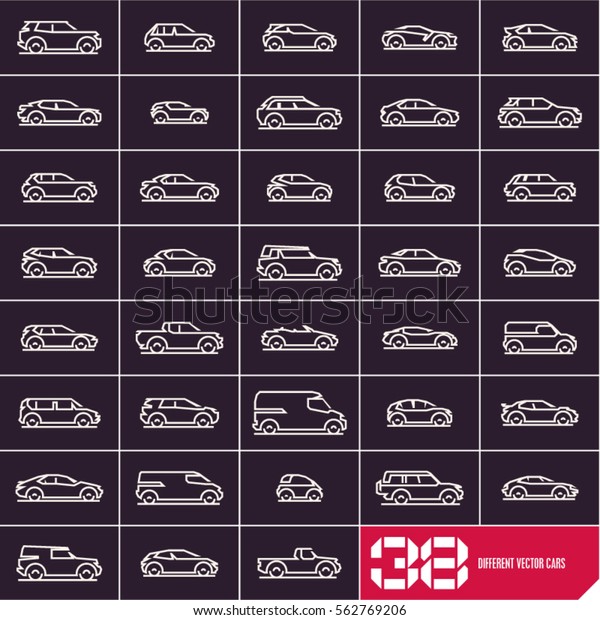 Cars line icons set,\
different vector car types linear silhouettes isolated on black\
background