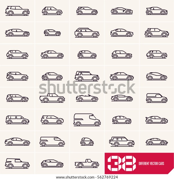Cars line icons set, different\
vector car types linear silhouettes, car logo deign\
templates