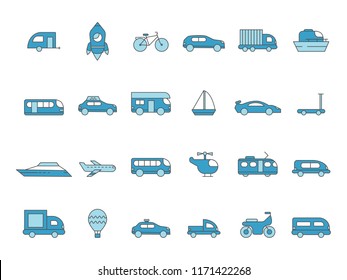 Cars line icons. Transportation colored icons. Vector linear symbols. Transportation line collection, car and airplane, train and bike illustration