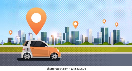 cars with location pin on road online ordering taxi car sharing concept mobile transportation carsharing service modern city street cityscape background flat horizontal