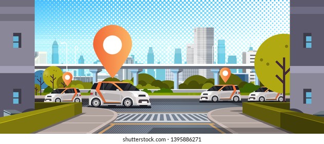 cars with location pin on road online ordering taxi car sharing concept mobile transportation carsharing service modern city street cityscape background flat horizontal