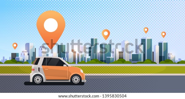 cars with location\
pin on road online ordering taxi car sharing concept mobile\
transportation carsharing service modern city street cityscape\
background flat\
horizontal