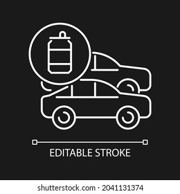 Cars made from recycled steel white linear icon for dark theme. Vehicles from aluminum cans. Thin line customizable illustration. Isolated vector contour symbol for night mode. Editable stroke