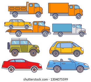 Cars minivan, taxi, tow truck, SUV, coupe, convertible,Vehicle set flat icon vector.Symbol for a mobile application or website.Isolated on a white background.Lorry vehicle.