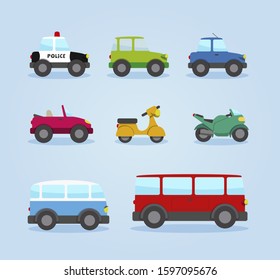 Cars, motorcycles, bus and other vehicles of the city. Cartoon illustration for kids.