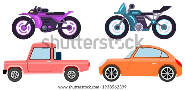 Cars and motorcycles of different\
types without drivers. Set of modes of transport and\
shapes