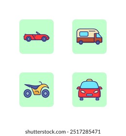 Cars and motorcycles line icon set. Camping car, cabriolet, taxi and quad bike. Personal transport concept. Vector illustration for web design and apps