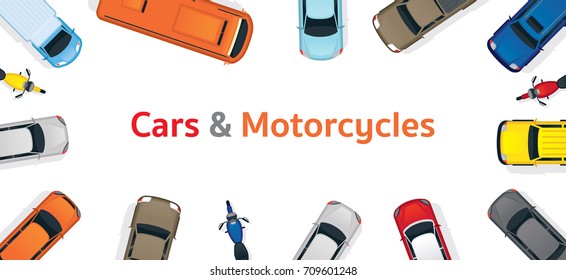 Cars and Motorcycles  Top or Above View Frame, Various Type, Automobile and Transportation