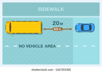 Cars Must Stop Twenty Meters Away From School Bus Rule. Distance Between Car And Bus. Flat Vector Illustration.