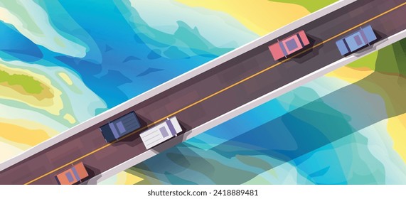 cars on bridge with river top view