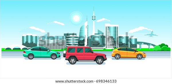 Cars on the city panorama. Seaside\
sunrise or sunset, a picturesque landscape with modern snowy\
buildings, tv tower, jet & multicolored cars on the background\
sun & clouds. Glass skyscrapers\
resort