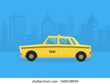 Cars on the city panorama. Taxi service. Yellow taxi cab. Taxi application, city silhouette with skyscrapers and towers.