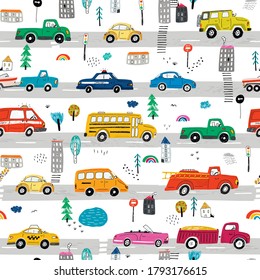 Cars on the city road hand drawn vector doodle illustrations seamless pattern