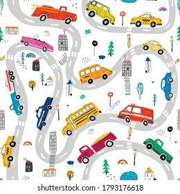 Cars on the city road hand drawn vector doodle illustrations seamless pattern