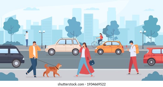 Cars on city road. People walking with dog and riding bike on street. Urban infrastructure and transport traffic. Flat vector driverless car