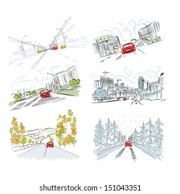 Cars on city road, set of hand drawn illustrations for your design