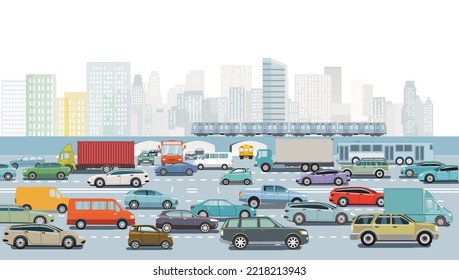 Cars on the crossroads in traffic jam in big city illustration