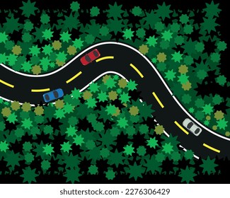 Cars on forest vector art used green colors. Beautiful scene of a wild top view. One path in the forest. Curved road. Cars on the road. Wild life. Travelling on the road. Drone view.