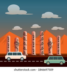 Cars on High way with seven statue and mountain background vector illustration