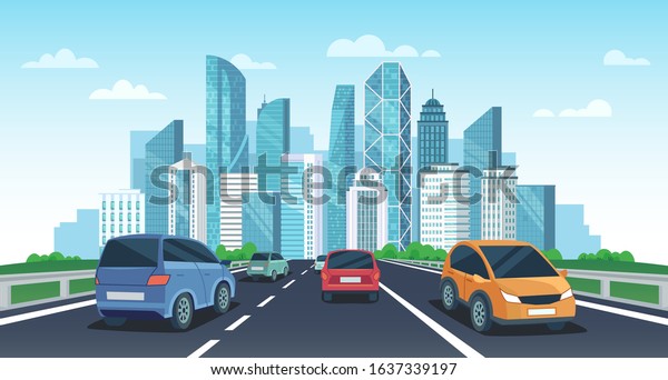 Cars on highway to town. City road perspective\
view, urban landscape with cars and car travel vector cartoon\
illustration. Automobiles riding towards megalopolis with\
skyscrapers and modern\
buildings.