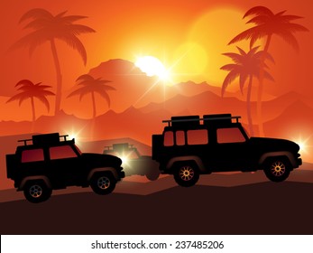 Cars on off road isolated on background. Vector illustration