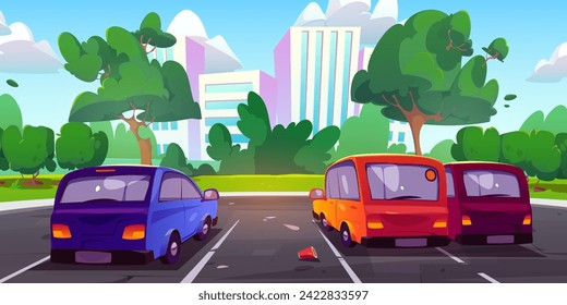 Cars on parking lot in summer city. Vector cartoon illustration of modern cityscape with skyscrapers, sunny park with green lawn, trees, bushes, clouds in blue sky, urban housing buildings and autos