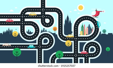 Cars on road with city on background - vector