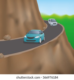 Cars on the road on the cliff, vector illustration