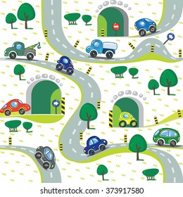 Cars on the road. Seamless pattern.