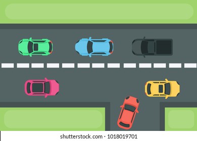 Cars on road. Top view with green grass.