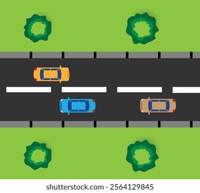 Cars on the Road Top View Flat Style. Traffic and transportation means concept vector art