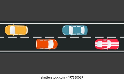 Cars on the road. Top view. Traffic concept. Vector illustration.